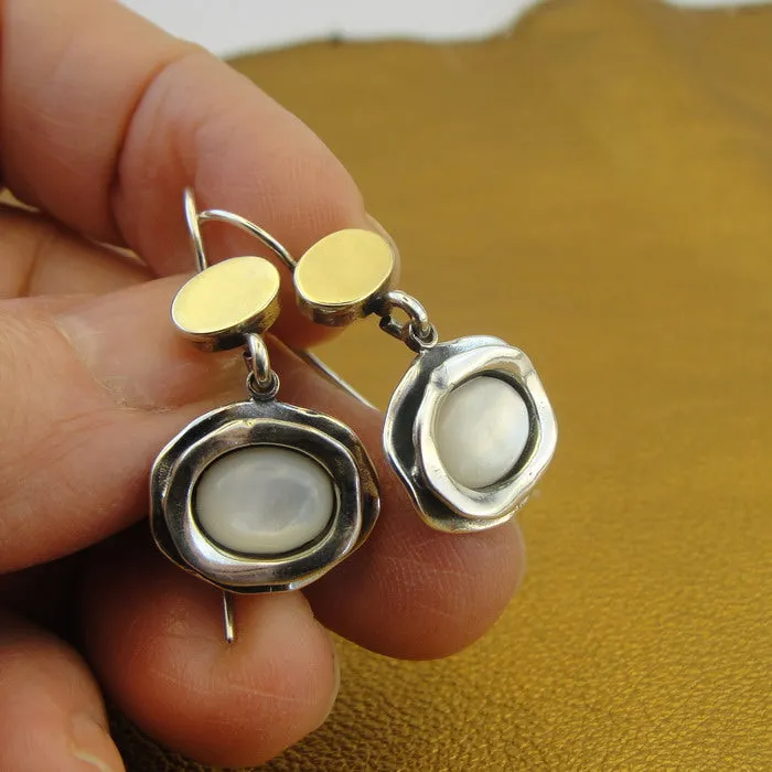 Hadar Designers 9k Yellow Gold Sterling Silver MOP Pearl Earrings Handmade (MS)y