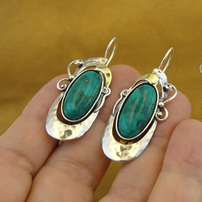 Hadar Designers 9k Yellow Gold Sterling Silver Turquoise Earrings Handmade (MS 325)