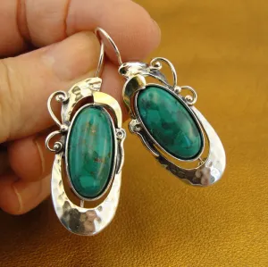 Hadar Designers 9k Yellow Gold Sterling Silver Turquoise Earrings Handmade (MS 325)