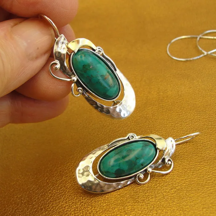 Hadar Designers 9k Yellow Gold Sterling Silver Turquoise Earrings Handmade (MS 325)
