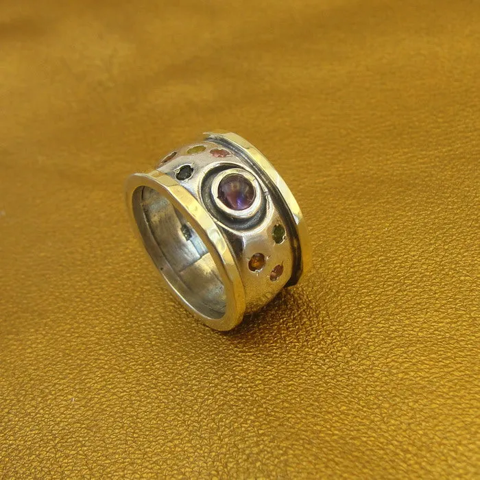 Hadar Designers Amethyst Ring Yellow Gold 925 Silver, Handmade (MS 1688)