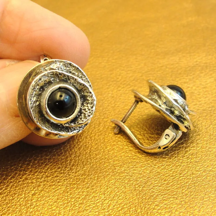 Hadar Designers Black Onyx Earrings Yellow Gold Sterling Silver Handmade () Last
