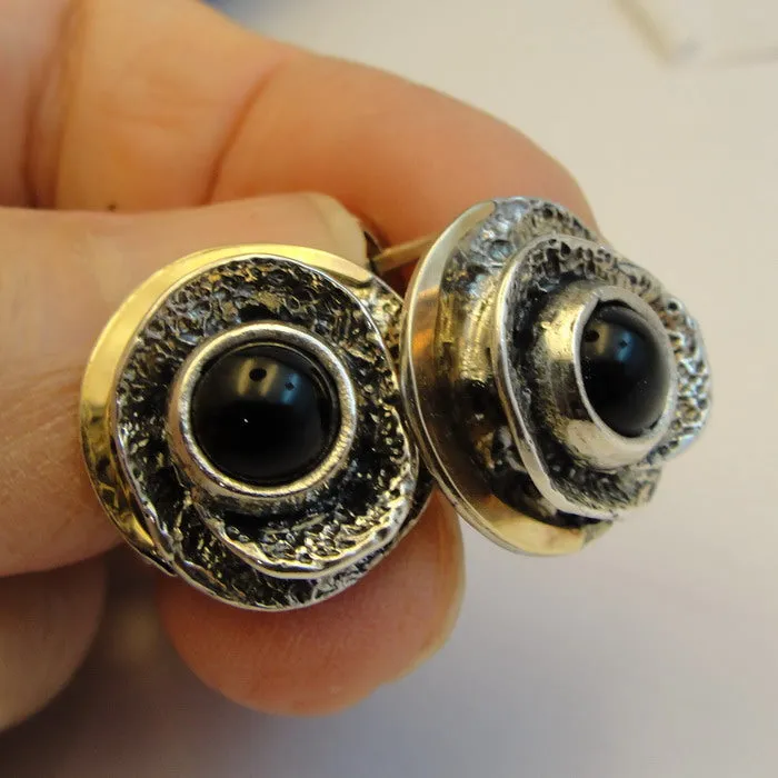 Hadar Designers Black Onyx Earrings Yellow Gold Sterling Silver Handmade () Last