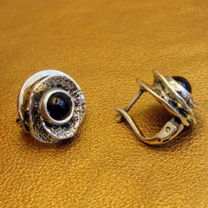 Hadar Designers Black Onyx Earrings Yellow Gold Sterling Silver Handmade () Last