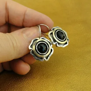 Hadar Designers Black Onyx Earrings Yellow Gold Sterling Silver Handmade (MS) y