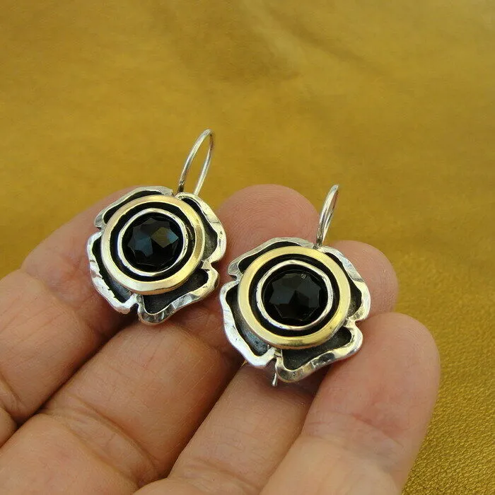 Hadar Designers Black Onyx Earrings Yellow Gold Sterling Silver Handmade (MS) y