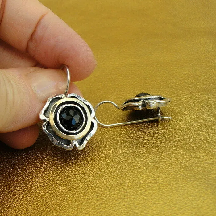 Hadar Designers Black Onyx Earrings Yellow Gold Sterling Silver Handmade (MS) y