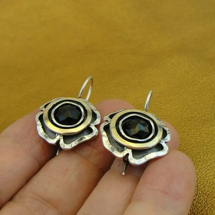 Hadar Designers Black Onyx Earrings Yellow Gold Sterling Silver Handmade (MS) y