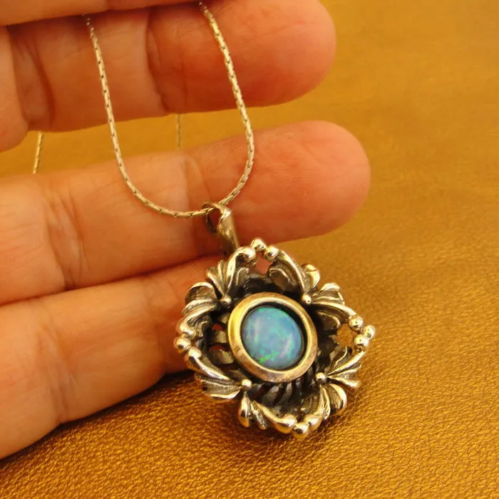 Hadar Designers Blue Opal Pendant 9k Yellow Gold 925 Silver Handmade (MS 1591)y