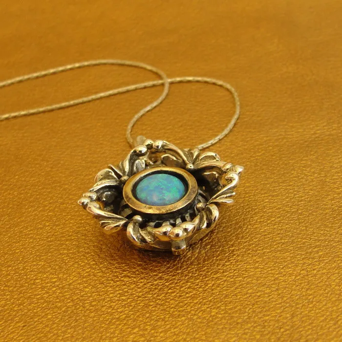 Hadar Designers Blue Opal Pendant 9k Yellow Gold 925 Silver Handmade (MS 1591)y
