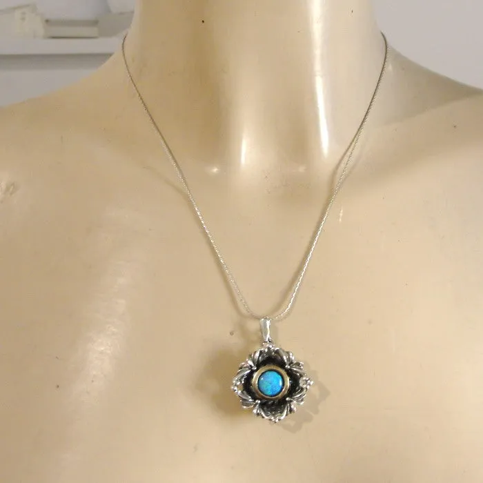 Hadar Designers Blue Opal Pendant 9k Yellow Gold 925 Silver Handmade (MS 1591)y