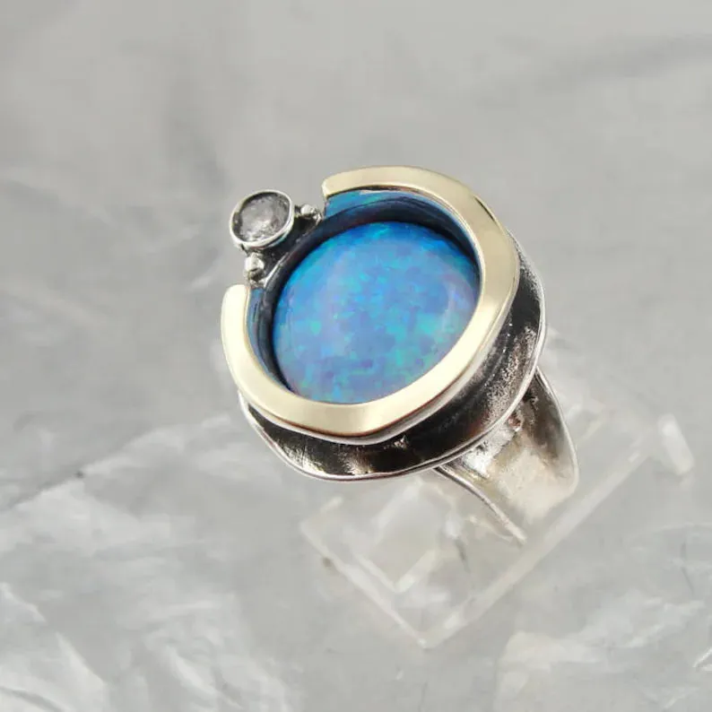 Hadar Designers blue opal ring 9k yellow gold 925 silver 6,7,8,9,10 handmade (ms