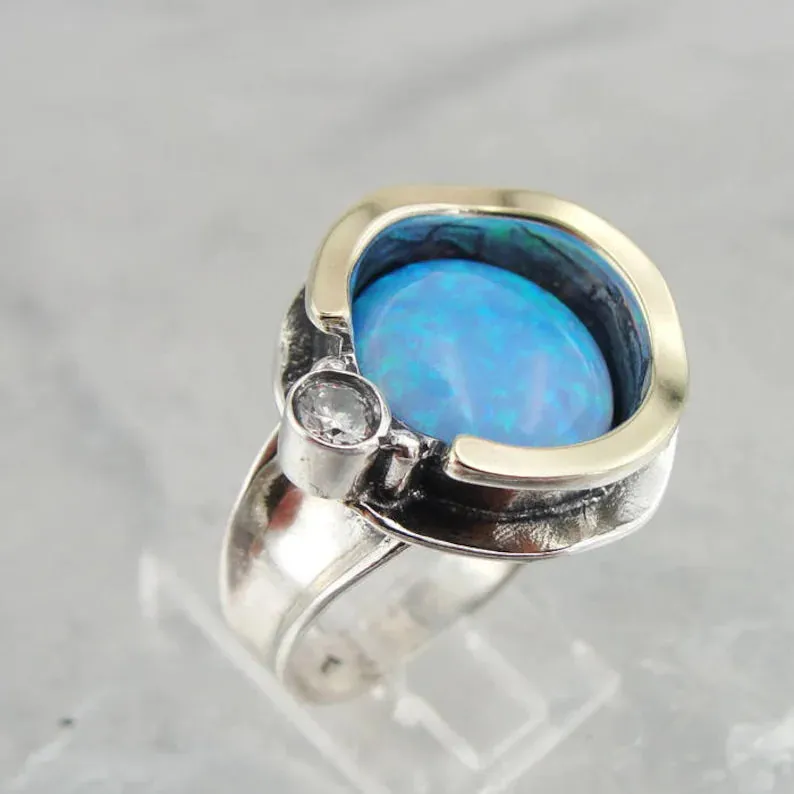 Hadar Designers blue opal ring 9k yellow gold 925 silver 6,7,8,9,10 handmade (ms