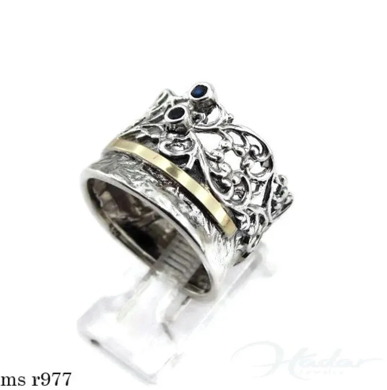 Hadar Designers Blue Sapphire Ring 9k Yellow Gold 925 Silver sz 6,7,8,9,10 (MS)