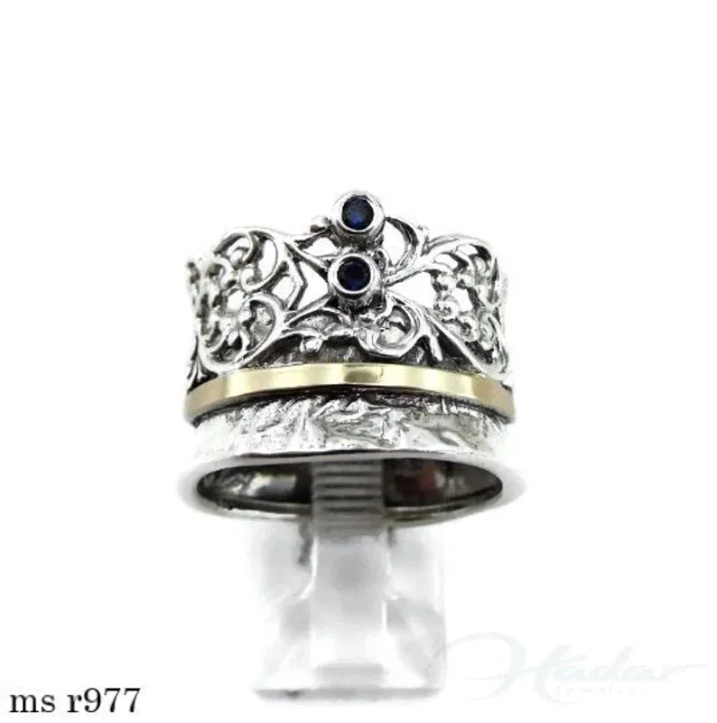 Hadar Designers Blue Sapphire Ring 9k Yellow Gold 925 Silver sz 6,7,8,9,10 (MS)