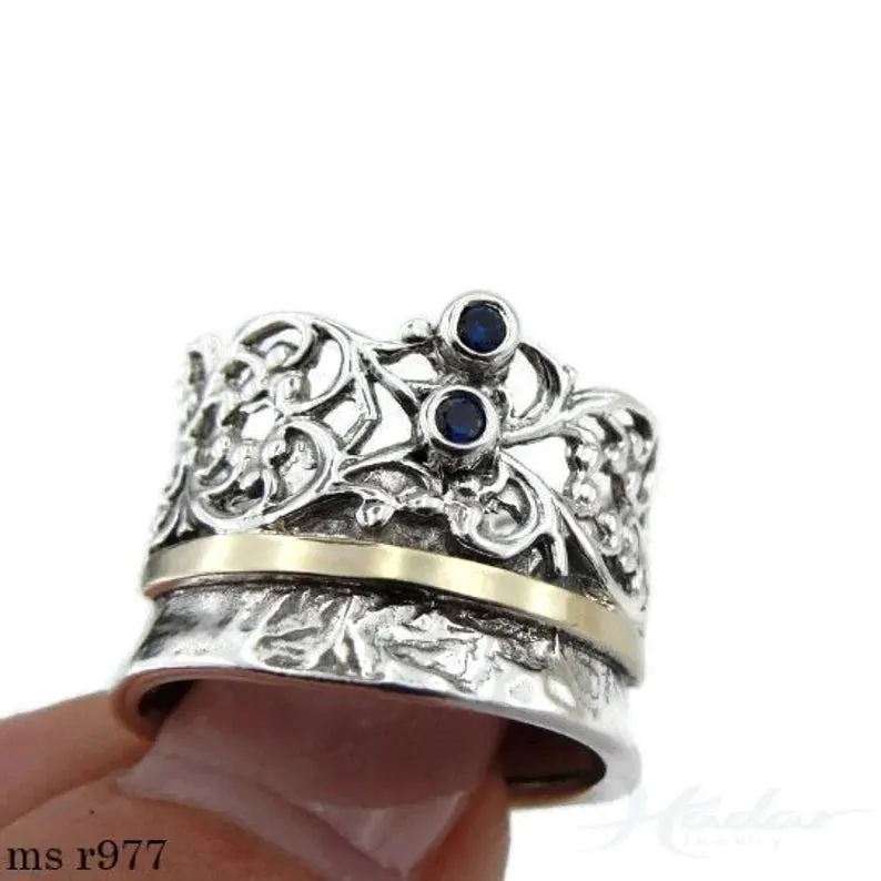 Hadar Designers Blue Sapphire Ring 9k Yellow Gold 925 Silver sz 6,7,8,9,10 (MS)