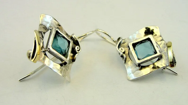 Hadar Designers Blue Topaz Earrings 9k Yellow Gold 925 Sterling Silver (ms 351)y
