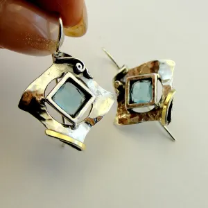 Hadar Designers Blue Topaz Earrings 9k Yellow Gold 925 Sterling Silver (ms 351)y