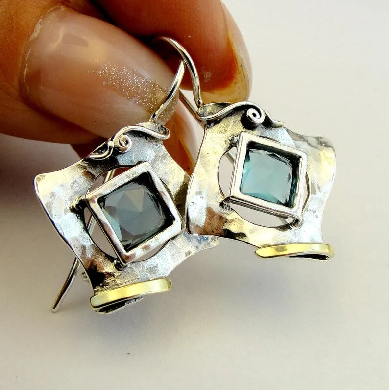 Hadar Designers Blue Topaz Earrings 9k Yellow Gold 925 Sterling Silver (ms 351)y