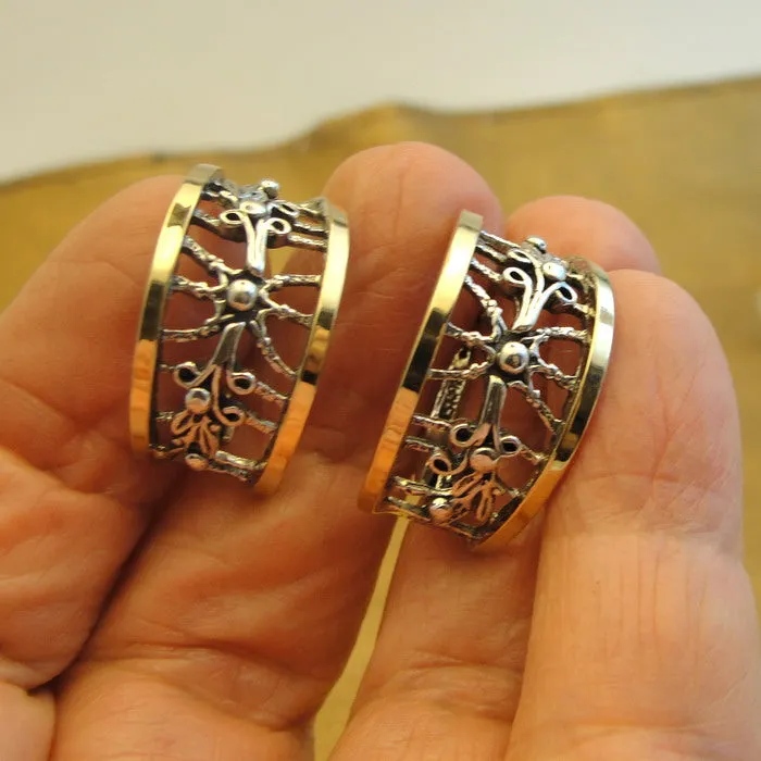 Hadar Designers Filigree Earrings 9K Yellow Gold 925 Silver Handmade ()Last