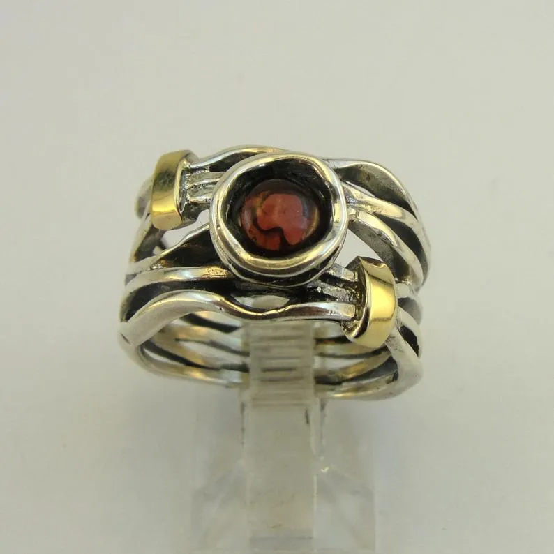 Hadar Designers garnet ring 6.5,7,8,9 handmade 9k yellow gold 925 silver (ms) y
