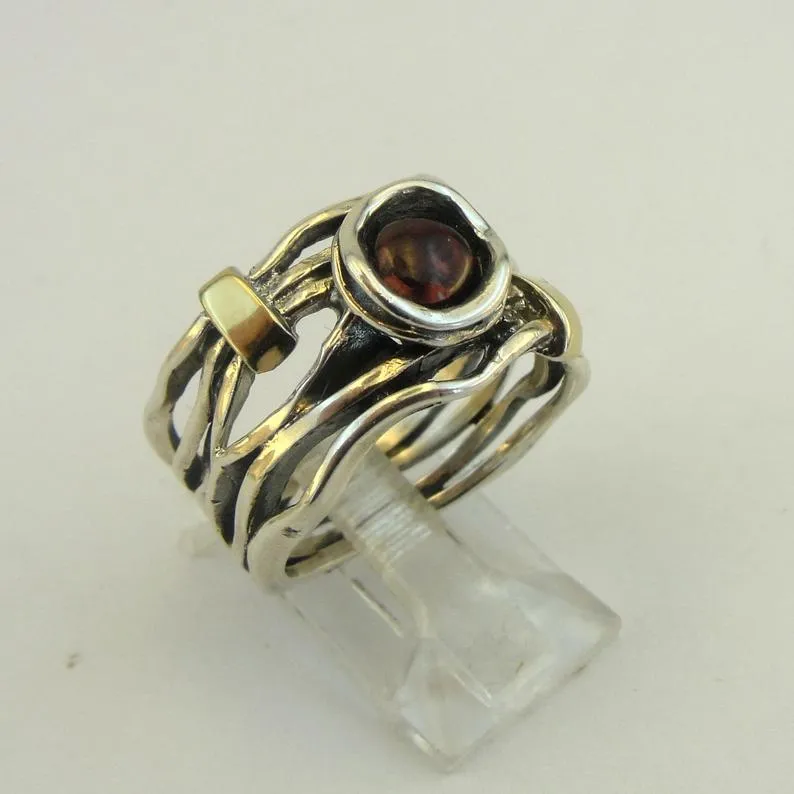 Hadar Designers garnet ring 6.5,7,8,9 handmade 9k yellow gold 925 silver (ms) y