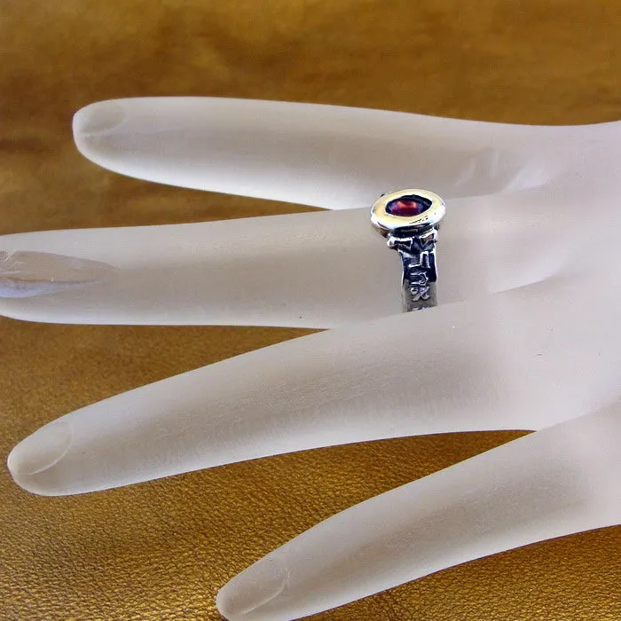 Hadar Designers Garnet Ring 7, 7.5 Shema Israel 9k yellow Gold 925 Silver ()y
