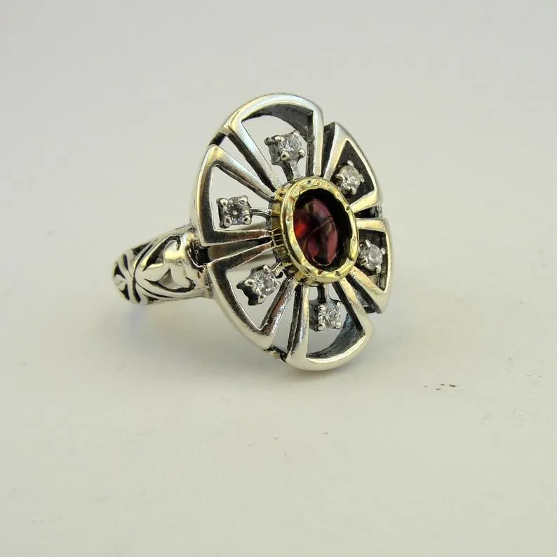 Hadar Designers garnet ring 9k yellow gold 925 silver 6,7,8,9,10 handmade (ms1678)y