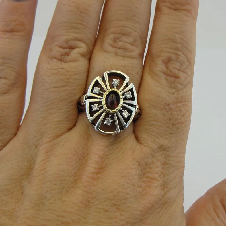 Hadar Designers garnet ring 9k yellow gold 925 silver 6,7,8,9,10 handmade (ms1678)y