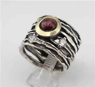Hadar Designers Garnet Ring 9k Yellow Gold 925 Silver 6,7,8,9,10 Handmade (MS)