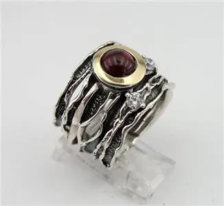 Hadar Designers Garnet Ring 9k Yellow Gold 925 Silver 6,7,8,9,10 Handmade (MS)