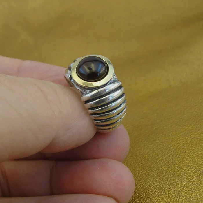 Hadar Designers Garnet Ring 9k Yellow Gold 925 Silver sz 6.5,7 Handmade (MS 1674)