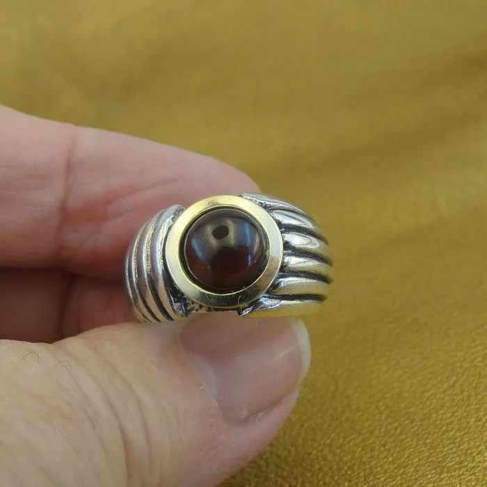 Hadar Designers Garnet Ring 9k Yellow Gold 925 Silver sz 6.5,7 Handmade (MS 1674)