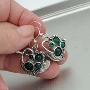 Hadar Designers Handmade 925 Sterling Silver Real Green Agate Earrings (H)