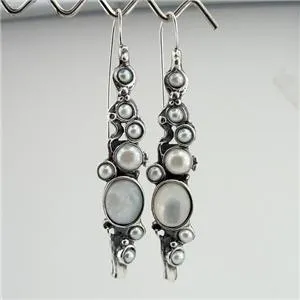 Hadar Designers Handmade Art Long Sterling Silver MOP Pearl Earrings (H 2151)