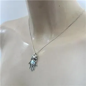 Hadar Designers Handmade Silver Hamsa Star of David Bird Roman Glass Pendant (as
