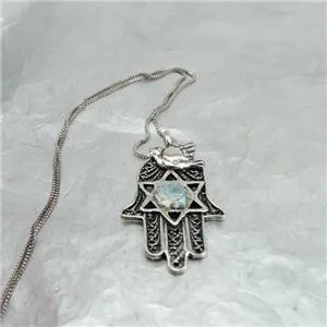 Hadar Designers Handmade Silver Hamsa Star of David Bird Roman Glass Pendant (as