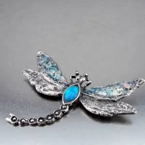 Hadar Designers Handmade Sterling Silver Dragonfly Blue Opal Pin Brooch (as 8190