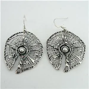 Hadar Designers Israel 925 Silver Net Pearl Earrings Handmade Drop Dangle (H)