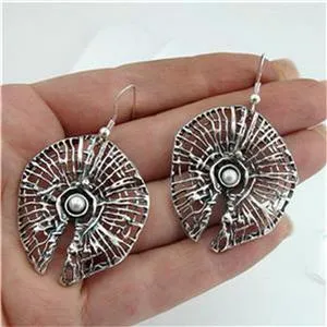 Hadar Designers Israel 925 Silver Net Pearl Earrings Handmade Drop Dangle (H)
