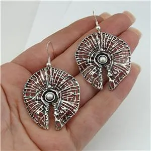 Hadar Designers Israel 925 Silver Net Pearl Earrings Handmade Drop Dangle (H)