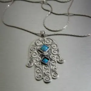 Hadar Designers Judaica Hamsa Sterling Silver Opal Large Hamsa Pendant (L) SALE