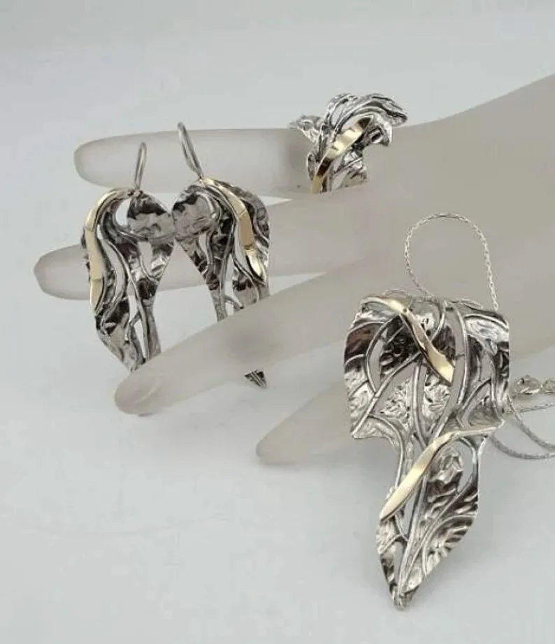 Hadar Designers Long Earrings 9K Yellow Gold Sterling Silver Handmade (s 2001)