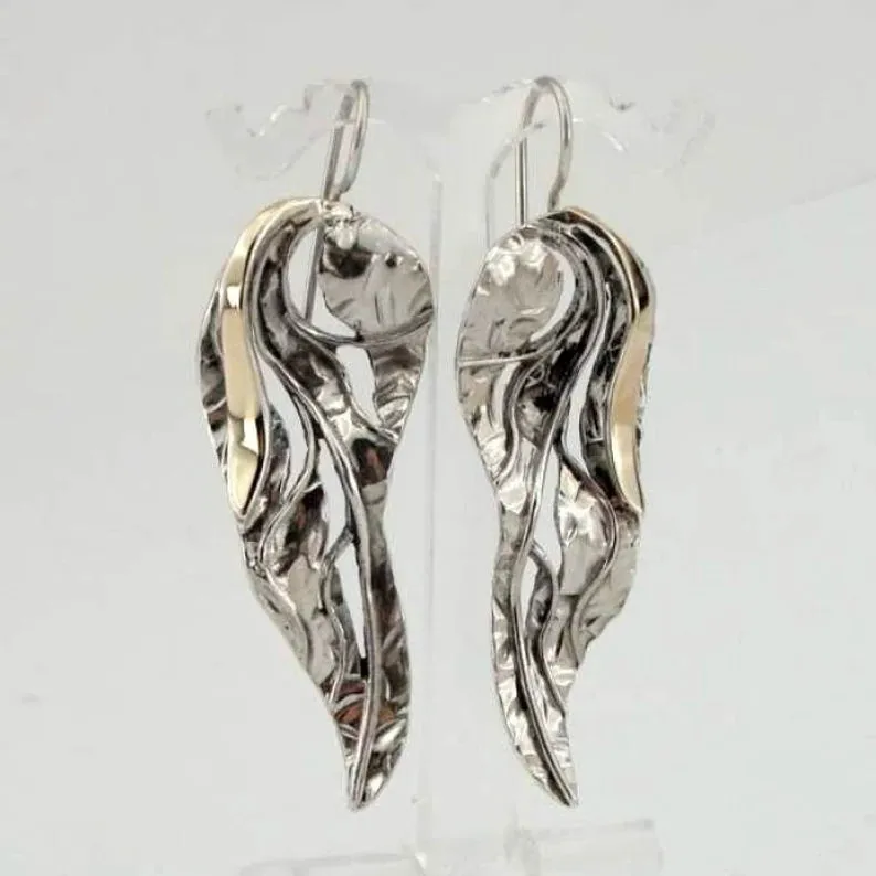 Hadar Designers Long Earrings 9K Yellow Gold Sterling Silver Handmade (s 2001)
