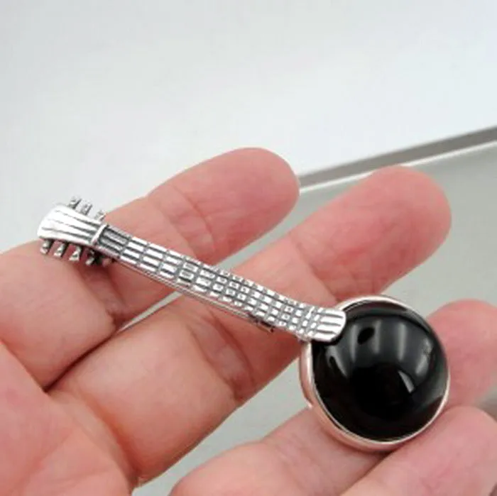 Hadar Designers onyx banjo brooch 925 sterling silver handmade artistic (h) last