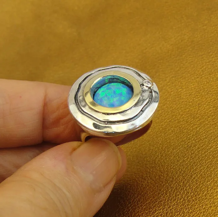 Hadar Designers Opal Ring Handmade 9k Yellow Gold 925 Silver 6,7,8,9,10 (MS)