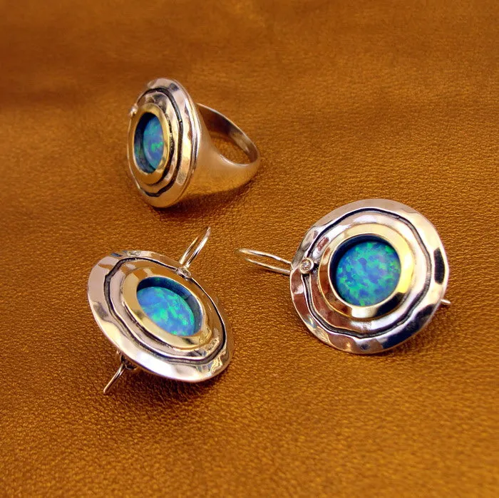 Hadar Designers Opal Ring Handmade 9k Yellow Gold 925 Silver 6,7,8,9,10 (MS)