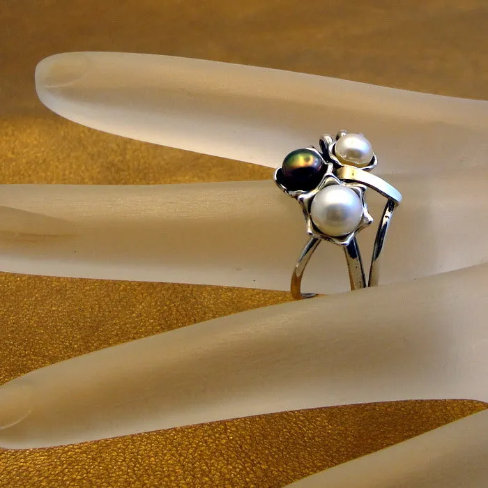 Hadar Designers Pearl Ring, Handmade 9k Yellow Gold 925 Silver (ms)Y