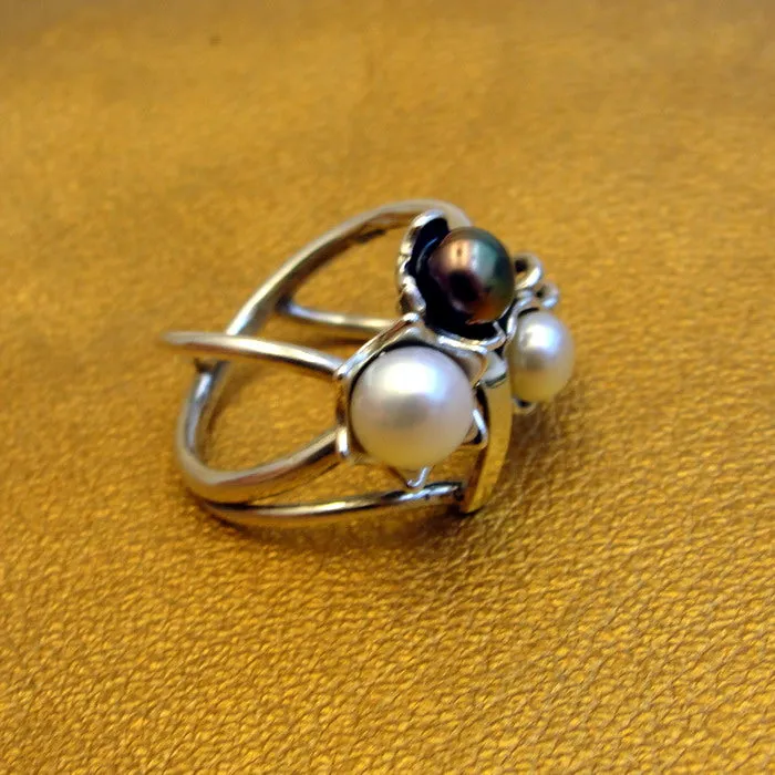 Hadar Designers Pearl Ring, Handmade 9k Yellow Gold 925 Silver (ms)Y