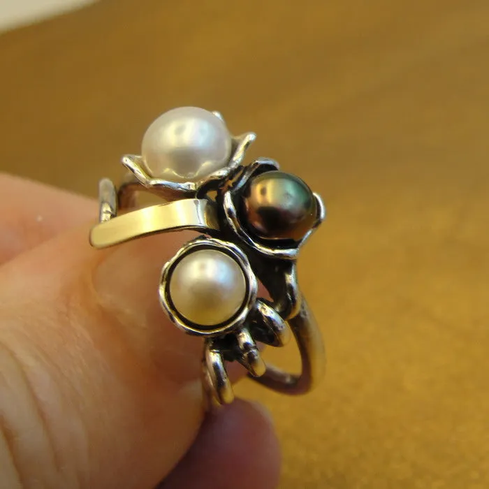 Hadar Designers Pearl Ring, Handmade 9k Yellow Gold 925 Silver (ms)Y